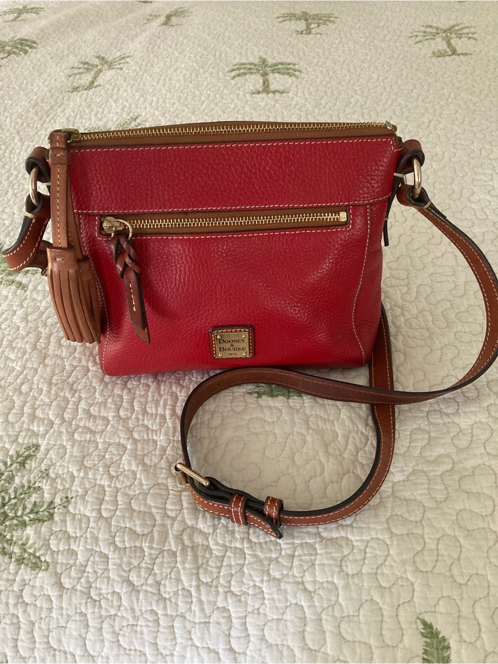 Dooney & Bourke Red Pebbled Leather Crossbody with Tan Trim